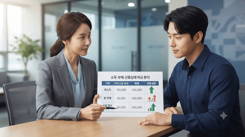 안내 자료를 두고 대화하는 두 사람