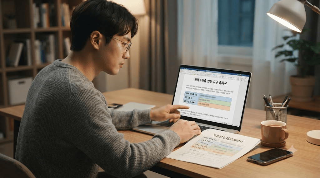 계약정보를 확인하며 전세보증금 반환 요구 문서를 작성하는 모습