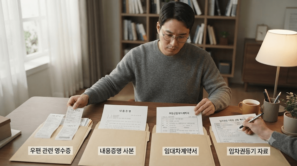 내용증명 사본과 전세보증금 반환 관련 자료를 정리하는 모습
