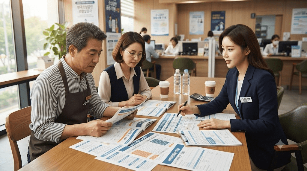 탁자에 모여 서류를 함께 확인하는 가족
