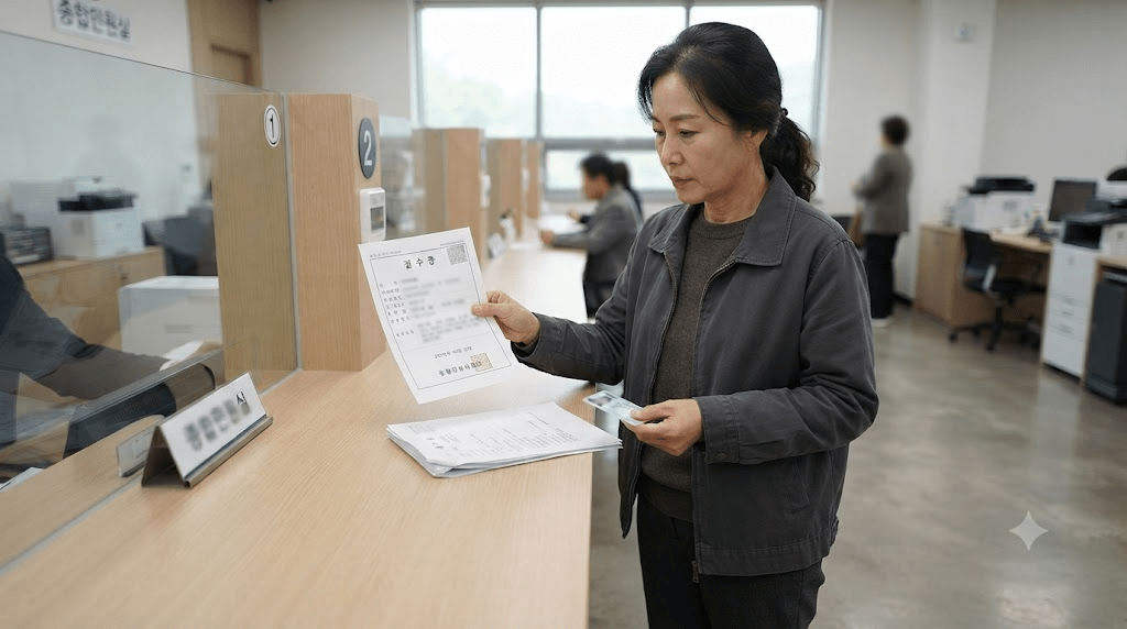 법원에 지급명령 이의신청서를 제출하고 접수증을 받는 모습