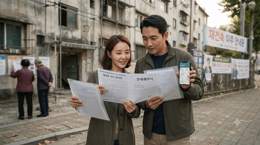 야외에서 안내 자료를 함께 읽는 부부