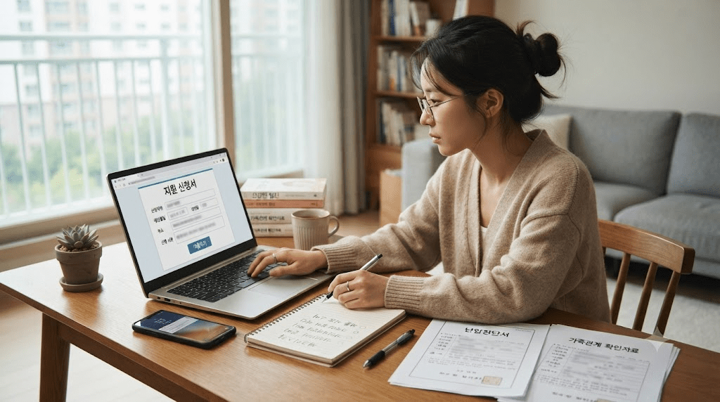 노트북 옆 신청 서류를 작성하는 여성