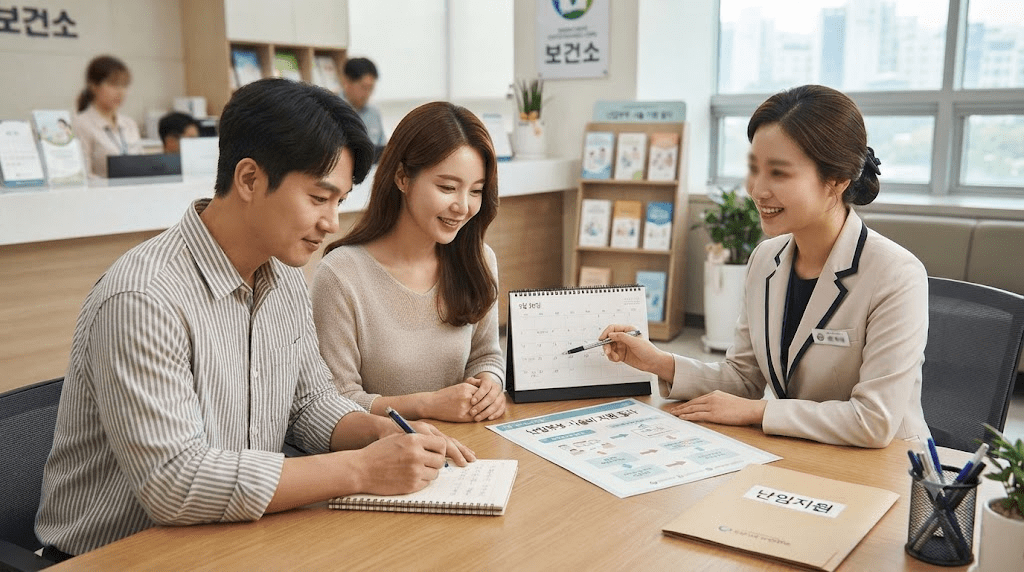 상담사와 지원 서류를 확인하는 부부