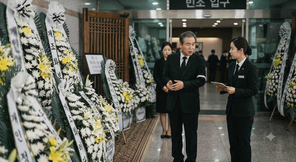 유족과 장례식장 담당자가 근조화환 처리 방법을 협의하는 모습