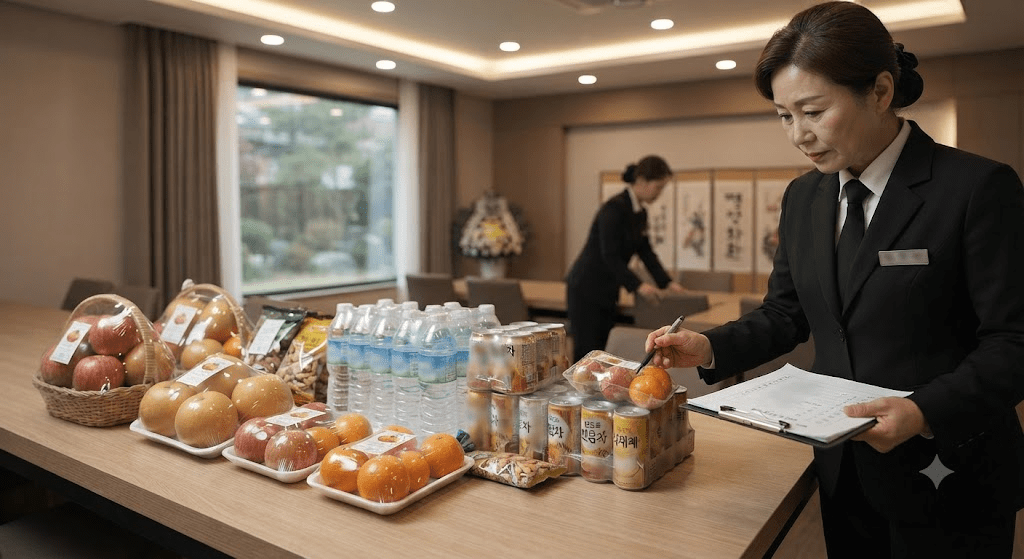 장례식장에 반입 가능한 과일과 음료를 확인하는 모습