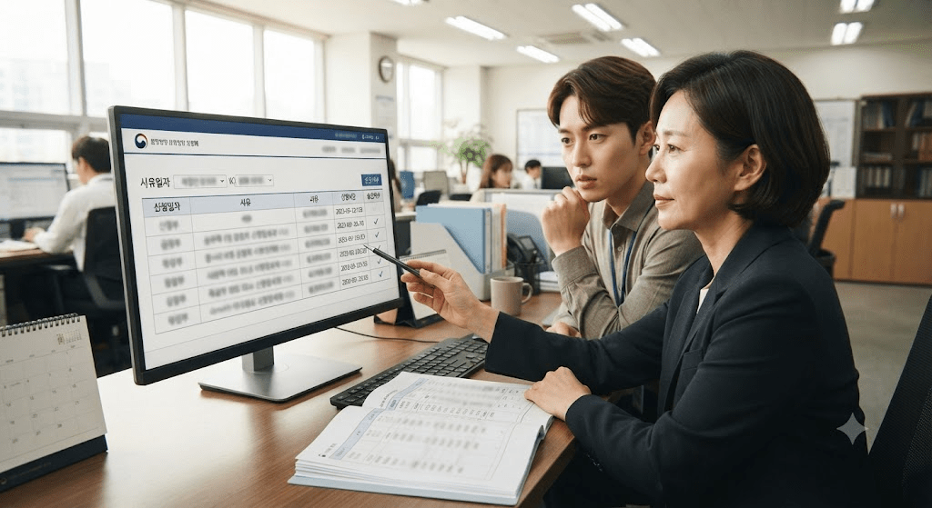 인사담당자와 공무원이 초과근무 승인기록과 수당 반영시간을 확인하는 모습