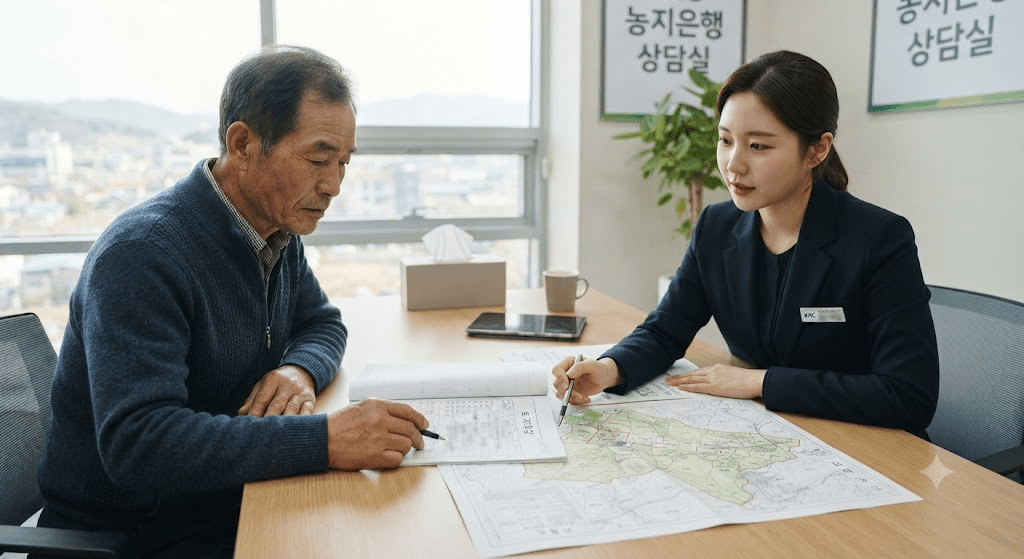 농지은행에서 농지 매도·임대 위탁 방법을 상담하는 모습