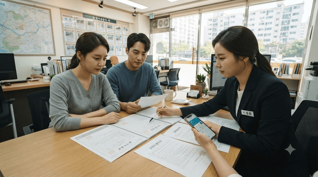 상담사와 신청 서류를 확인하는 부부