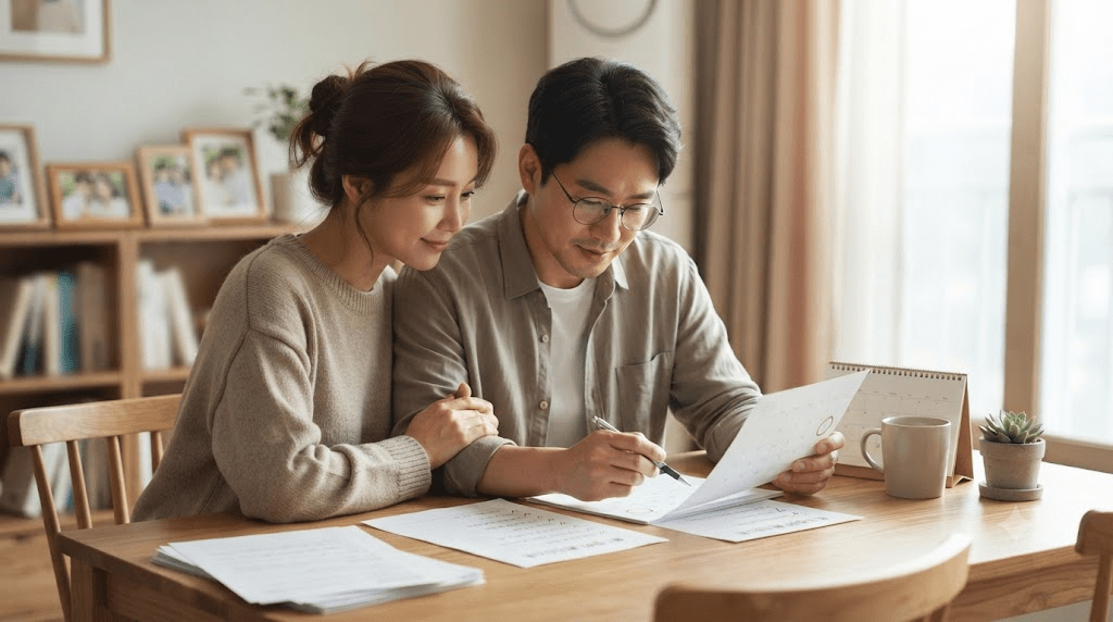 서류를 함께 확인하는 부부