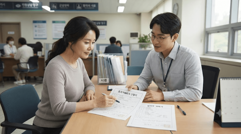 관공서에서 토지거래허가와 실거주 유예 신청을 상담하는 모습
