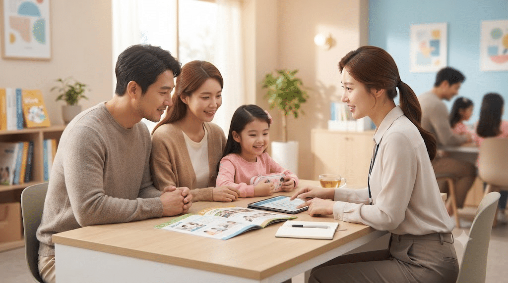 한국인 부모가 자녀와 함께 유아 학원 상담을 받는 모습