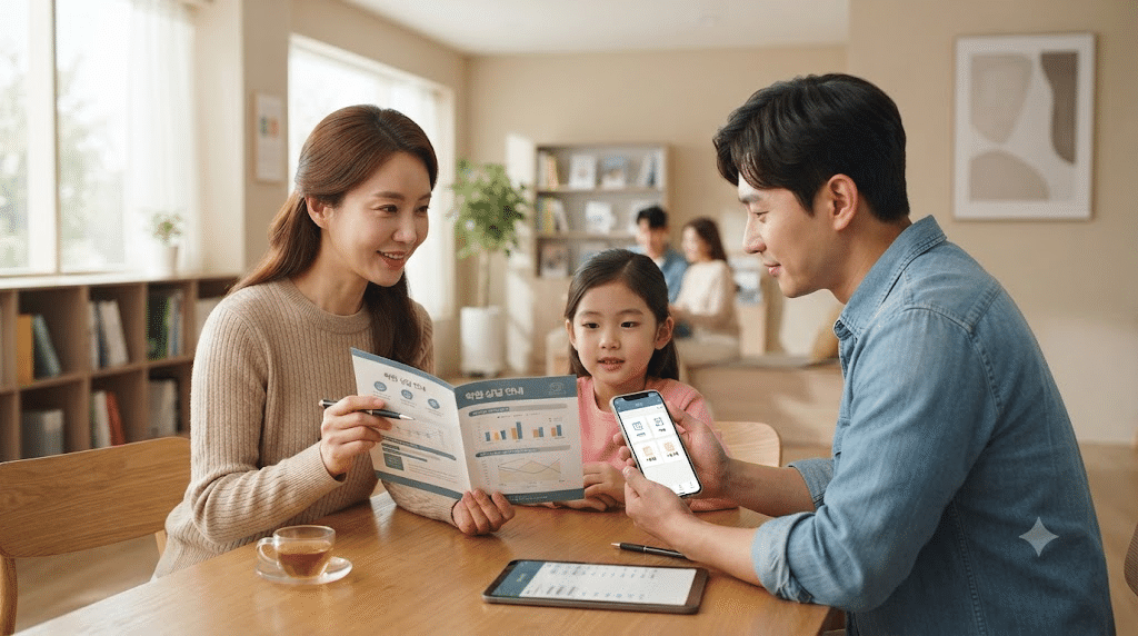 학원 상담 안내를 확인하며 자녀에게 맞는 수업을 검토하는 한국인 부모