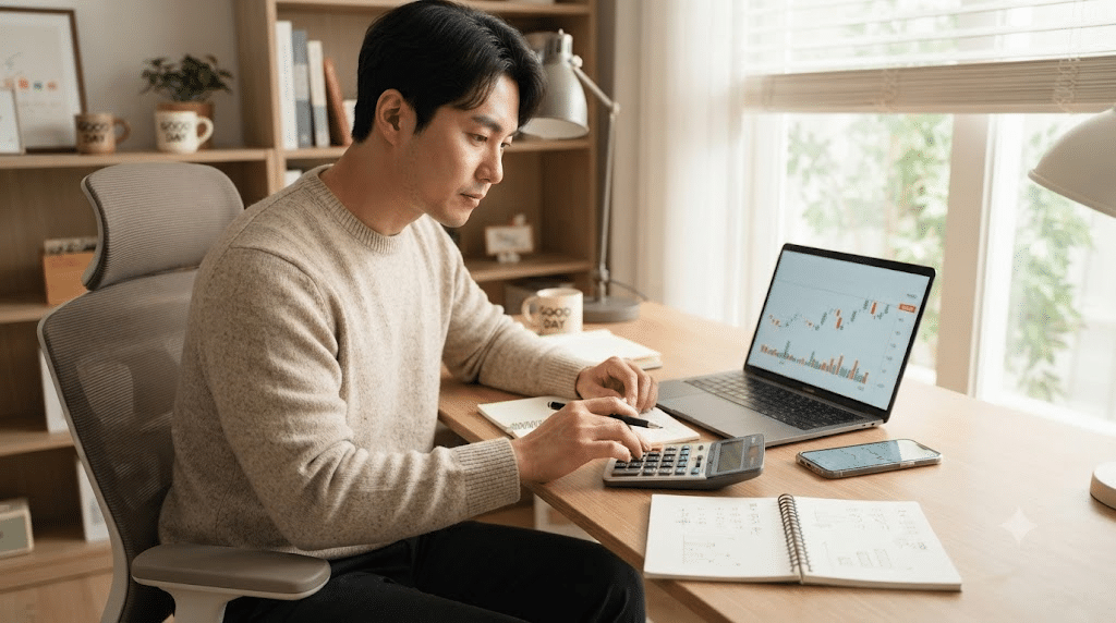 노트북 옆에서 서류를 보며 계산기를 사용하는 남성