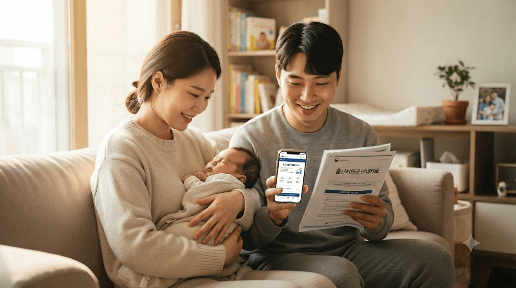아기와 함께 스마트폰 화면을 확인하는 부부
