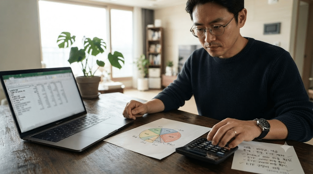 중국 전기차 ETF 추가매수 전에 전체 금융자산의 투자 비중을 계산하는 모습