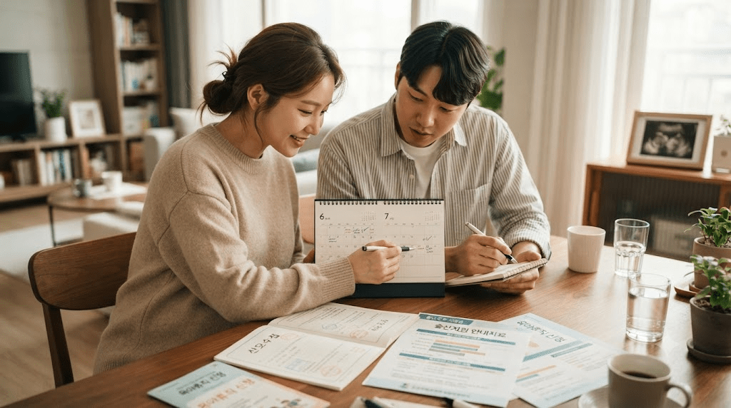아기 옆에서 안내서를 함께 읽는 부부