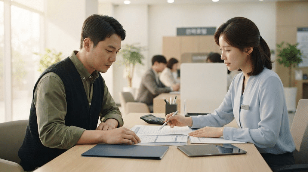 은행에서 개인사업자 대출을 상담하는 한국인 청년 사장님