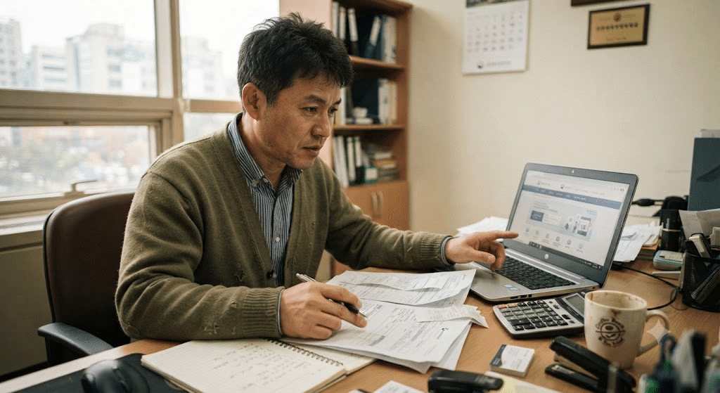 중소기업 지원금 종류 - 사무실에서 정부 지원금 서류를 검토하는 한국인 중소기업 대표