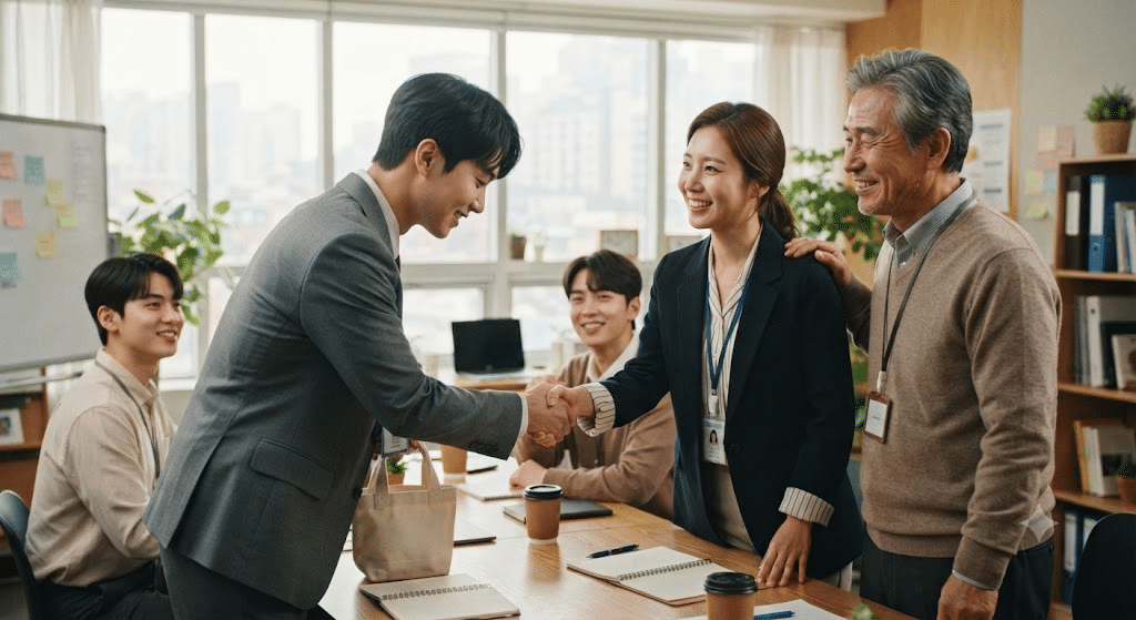 2026 중소기업 지원금 6가지 - 청년 신입과 고령 직원이 함께 일하는 한국 중소기업 사무실