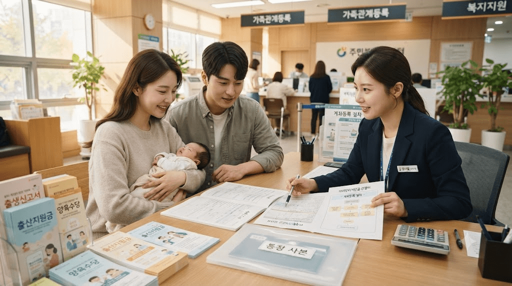 아기를 안고 상담 창구에서 서류를 확인하는 부부