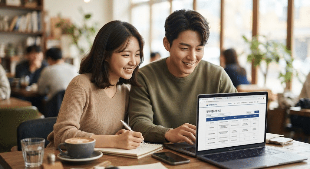 청년 지원금 신청 전 체크리스트 - 노트북으로 지원 제도를 비교하는 한국인 청년들