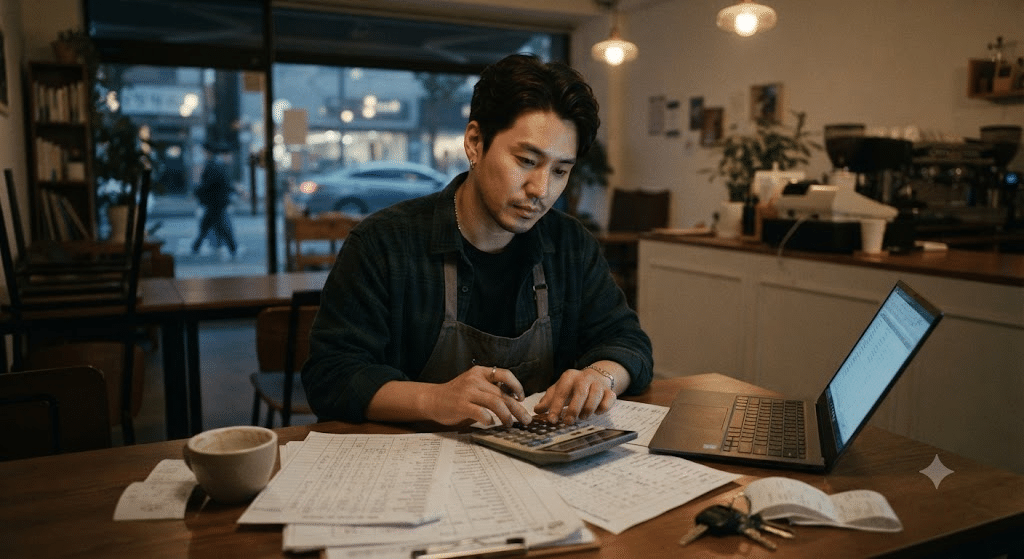 소상공인 기준 상시근로자 계산 - 직원 근무시간을 계산하는 한국인 30대 카페 사장님