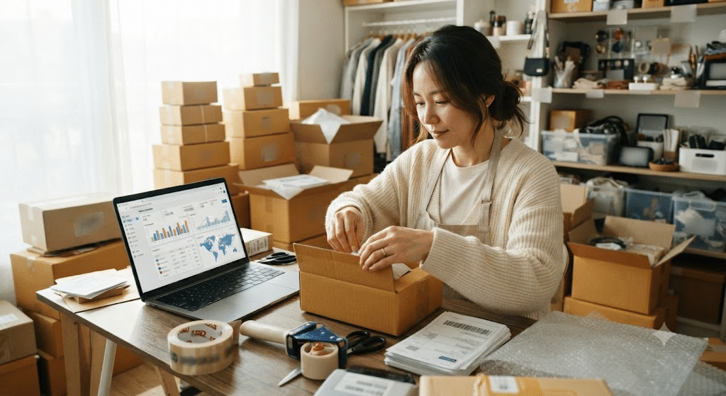 기업은행 사업자대출 보증부대출 - 온라인 쇼핑몰 주문을 포장하는 한국인 30대 여성 사업자