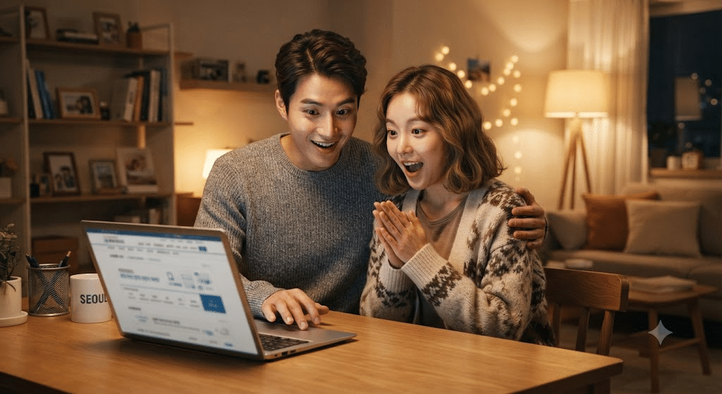 중소기업 청년 소득세 감면 경정청구 - 노트북으로 환급을 확인하는 한국인 20대 커플