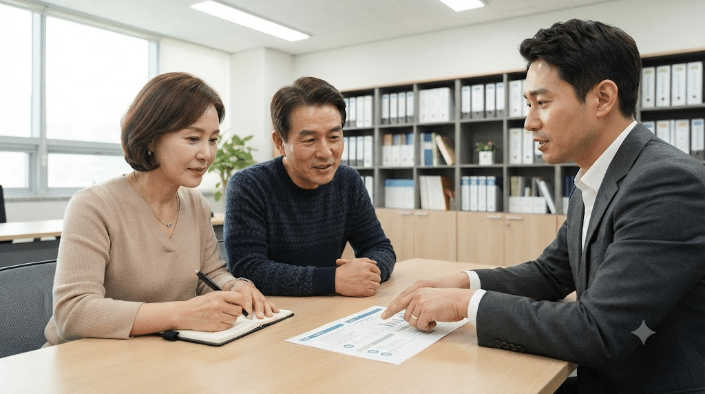 한국인 부부가 세무사와 상담하며 등록임대 아파트 매도 시점별 양도세 차이를 비교하는 모습