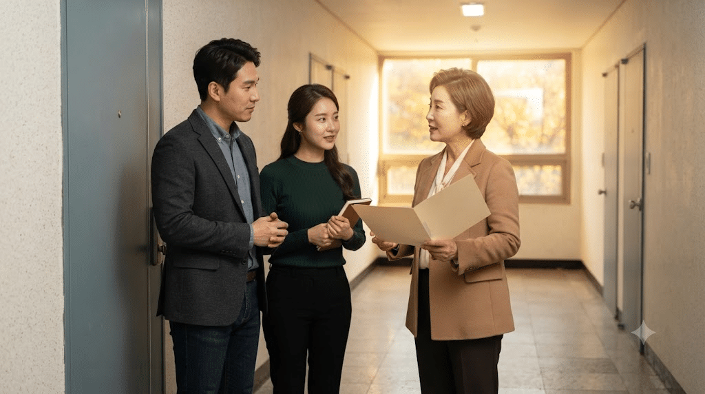 한국인 임대인이 아파트 현관 앞에서 세입자 부부와 임대차 만기 일정을 상의하는 모습