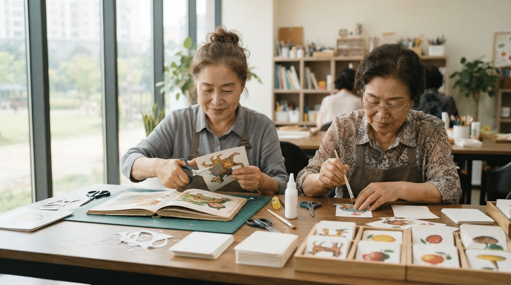 한국인 어르신들이 복지관에서 폐그림책 삽화로 아이들용 교구를 만드는 모습