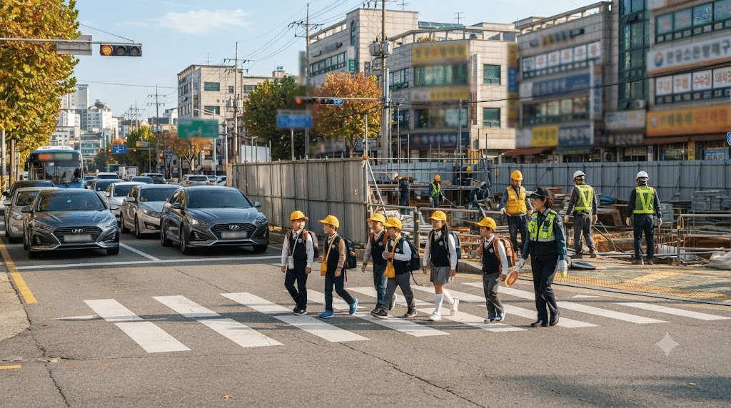 어린이 횡단보도, 차량, 공사 현장이 함께 보이는 한국 도심 풍경으로 생명안전기본법이 다루는 일상 속 안전사고 범위를 표현한 모습
