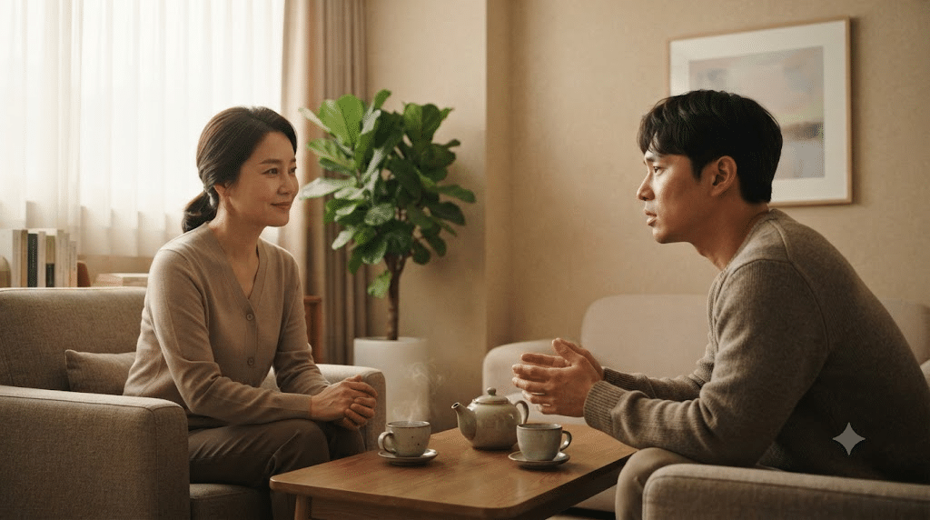 사고를 목격한 한국인 남성이 상담사와 마주 앉아 정신적 피해에 대해 상담받는 모습