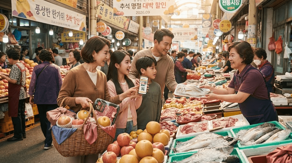 전통시장에서 식료품을 구매하는 가족