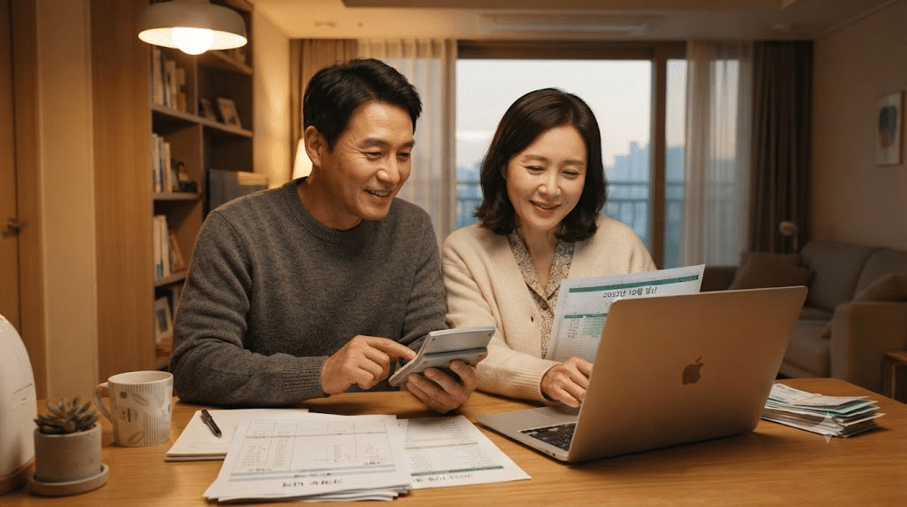 2027 건강보험료 동결 소식에 가계 예산을 점검하는 한국인 부부