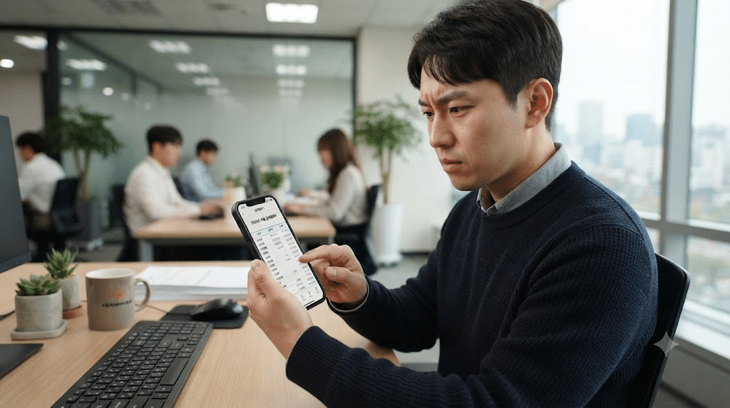 급여명세서에서 건강보험료 공제액을 확인하는 한국인 직장인