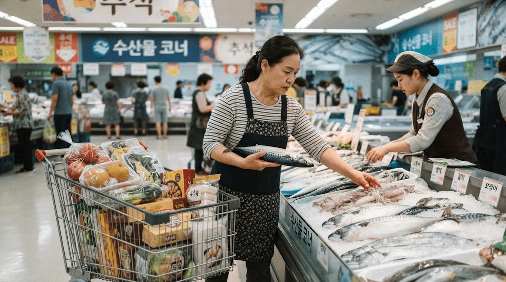 시장에서 생선을 고르는 여성