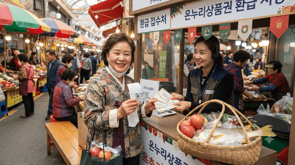 전통시장에서 음료를 들고 있는 두 여성