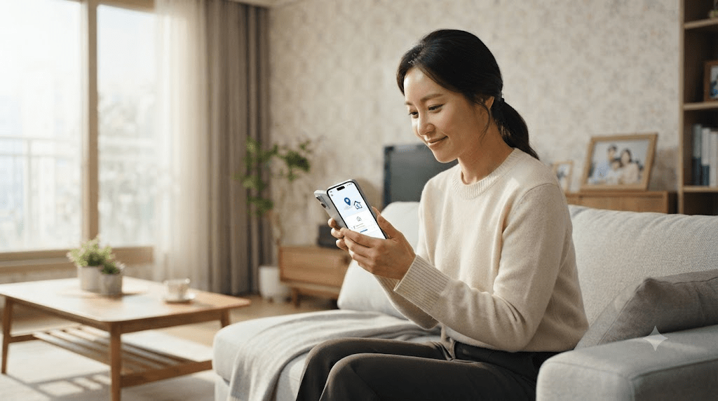소파에서 스마트폰 화면을 확인하는 여성