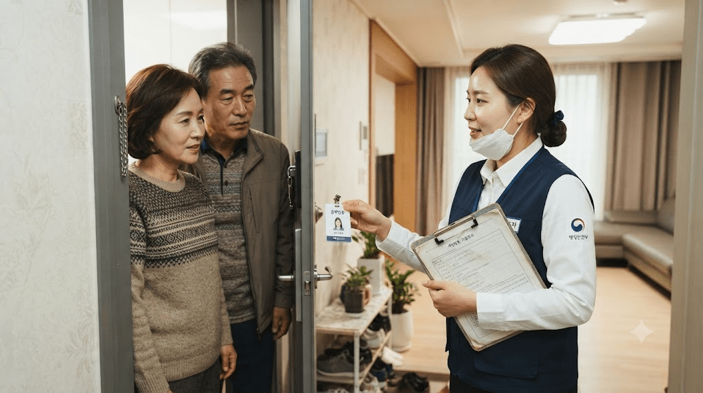 의료진에게 안내받는 어르신 부부