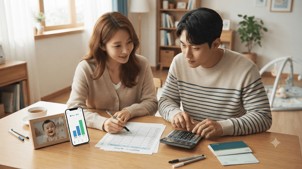 금융 서류와 스마트폰을 함께 확인하는 부부