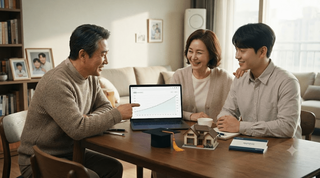 노트북과 서류를 두고 상담하는 가족