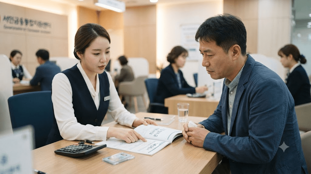 은행 상담사와 서류를 검토하는 남성