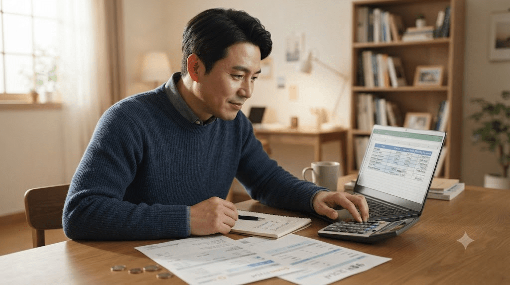노트북 옆에서 서류를 살펴보는 남성