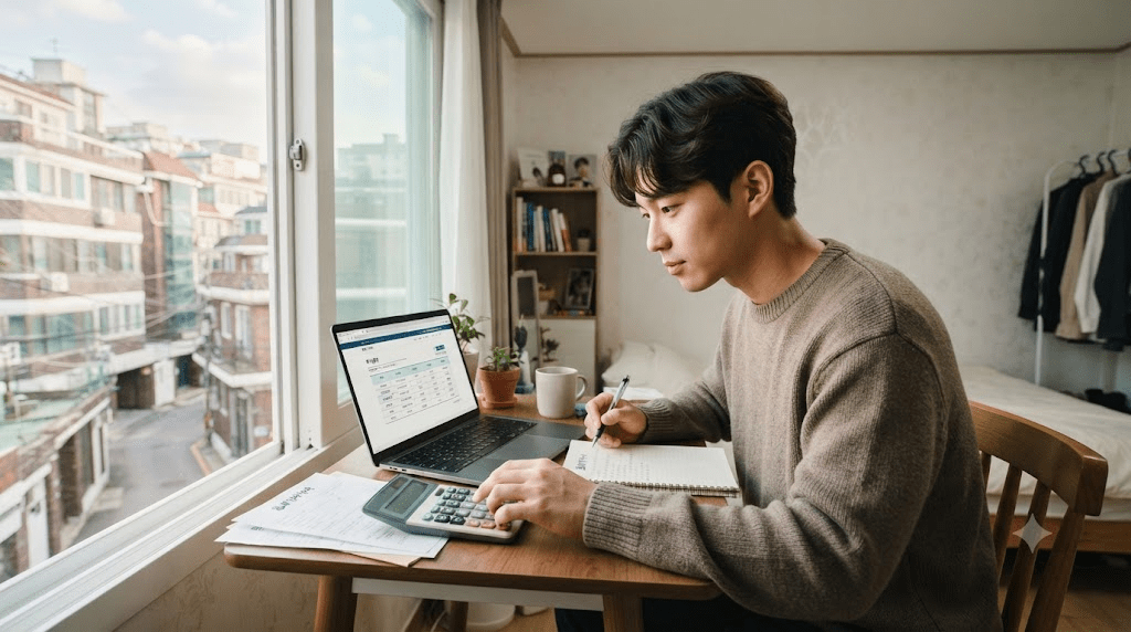 노트북과 금융 서류를 확인하는 남성