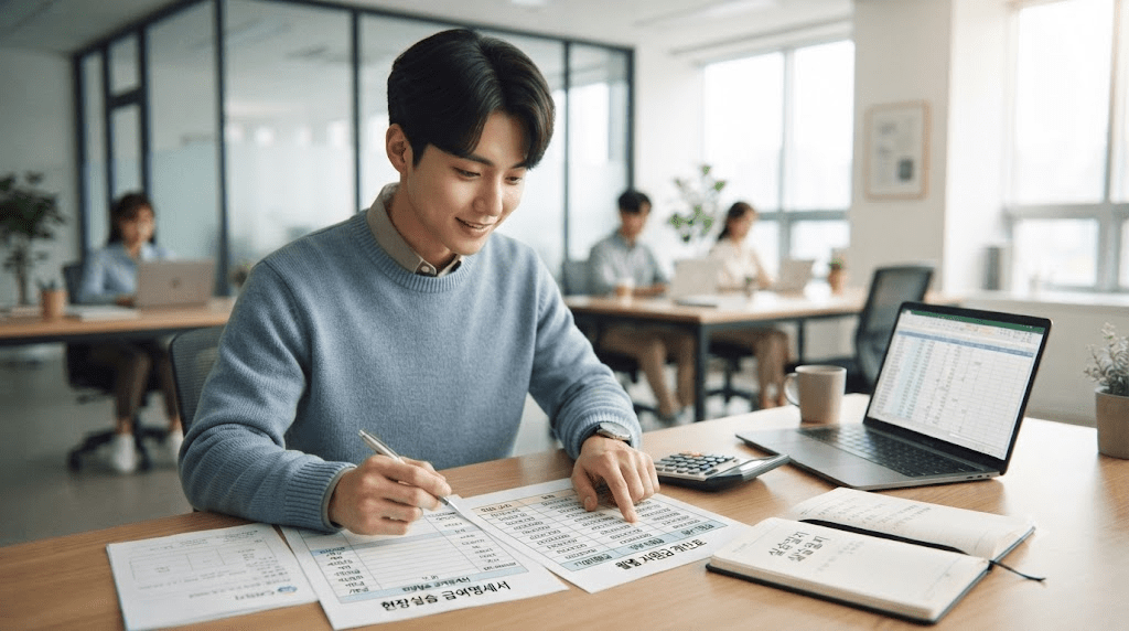 노트북과 서류를 두고 계산기를 사용하는 남성