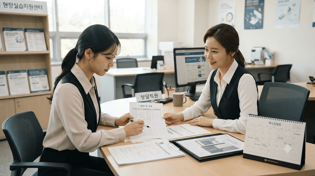 상담 창구에서 신청 서류를 확인하는 두 여성