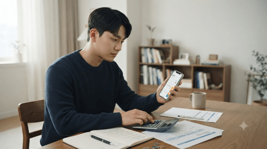 서류와 계산기로 금액을 확인하는 남성