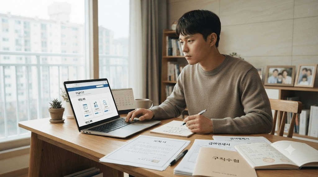 태블릿 화면과 안내문을 확인하는 남성